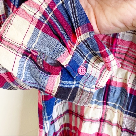 Noir Red Blue Plaid 3/4 Sleeve Button-Down Shirt - Picture 4 of 7